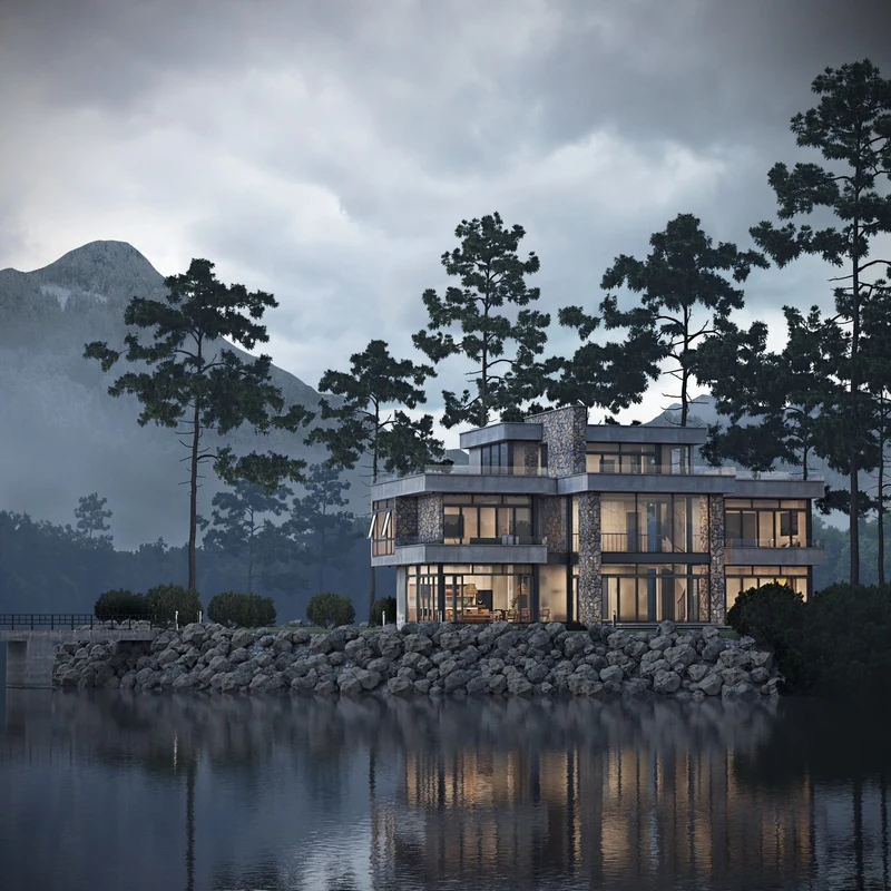 Lake house at dusk among pine trees
